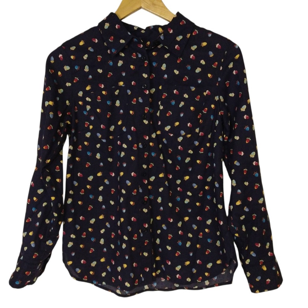 Talbots Petites Shirt Acorn All Over Print S/XS Cotton Button Up Role Tab Sleeve